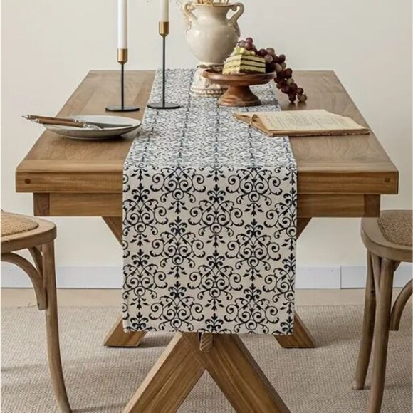 Blue Q Other - Table Runner 13x108in Beige with Navy Blue design Boho Chic Polyester